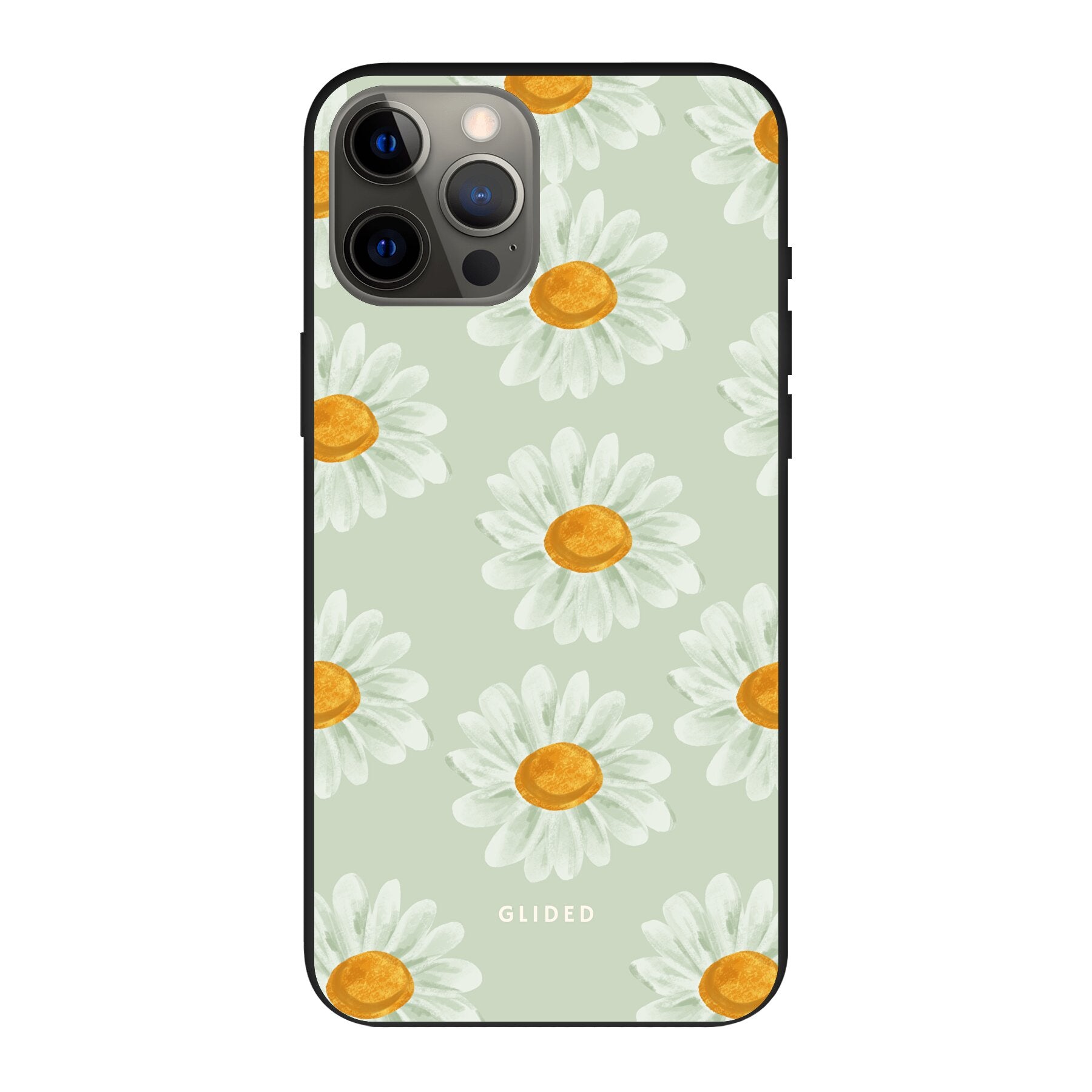 Daisy Handyhülle für iPhone 12 Pro Max mit lebendigen Gänseblümchen auf einem hellen Hintergrund.