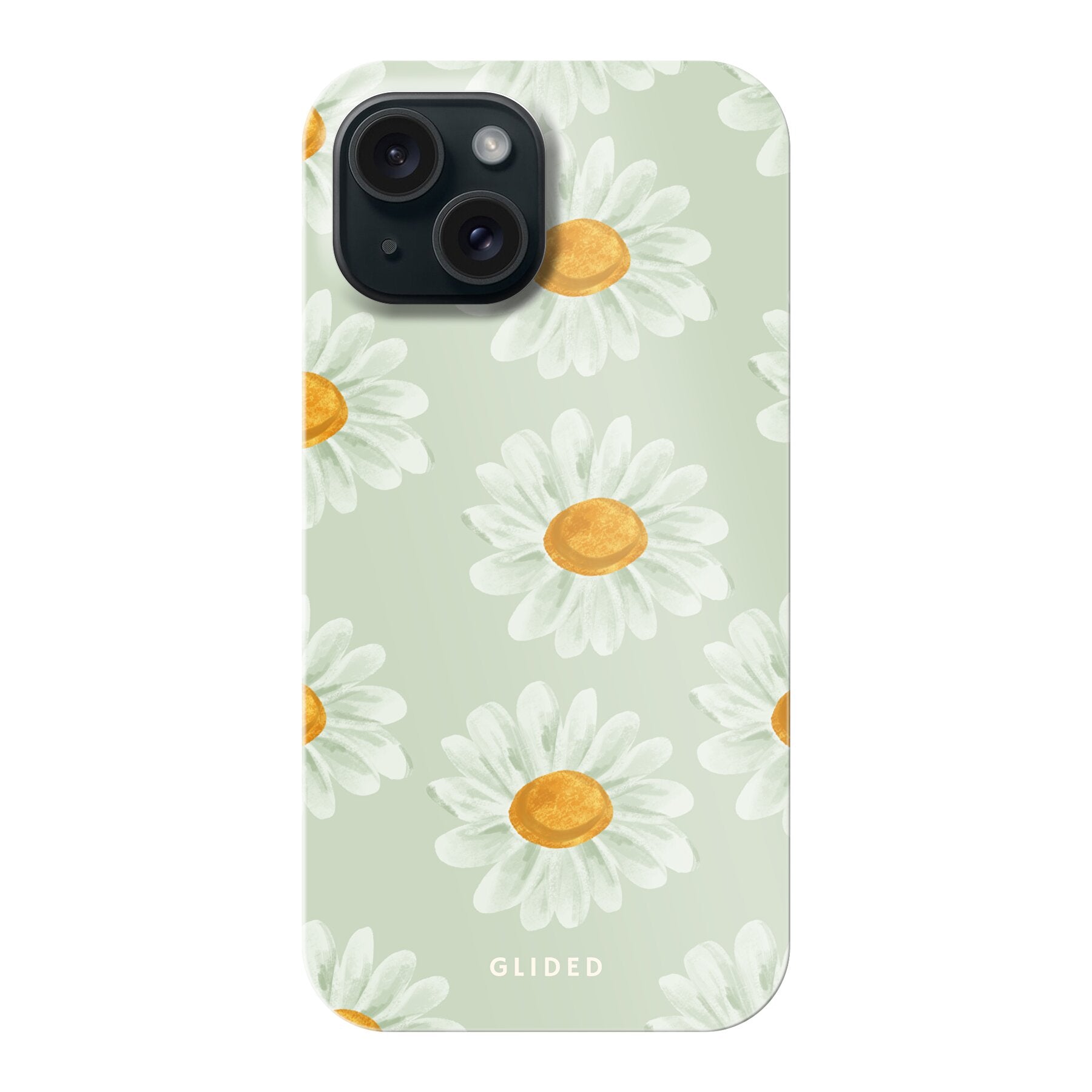 Daisy Handyhülle für iPhone 15 mit zarten Gänseblümchen in voller Blüte, stilvoll und schützend.