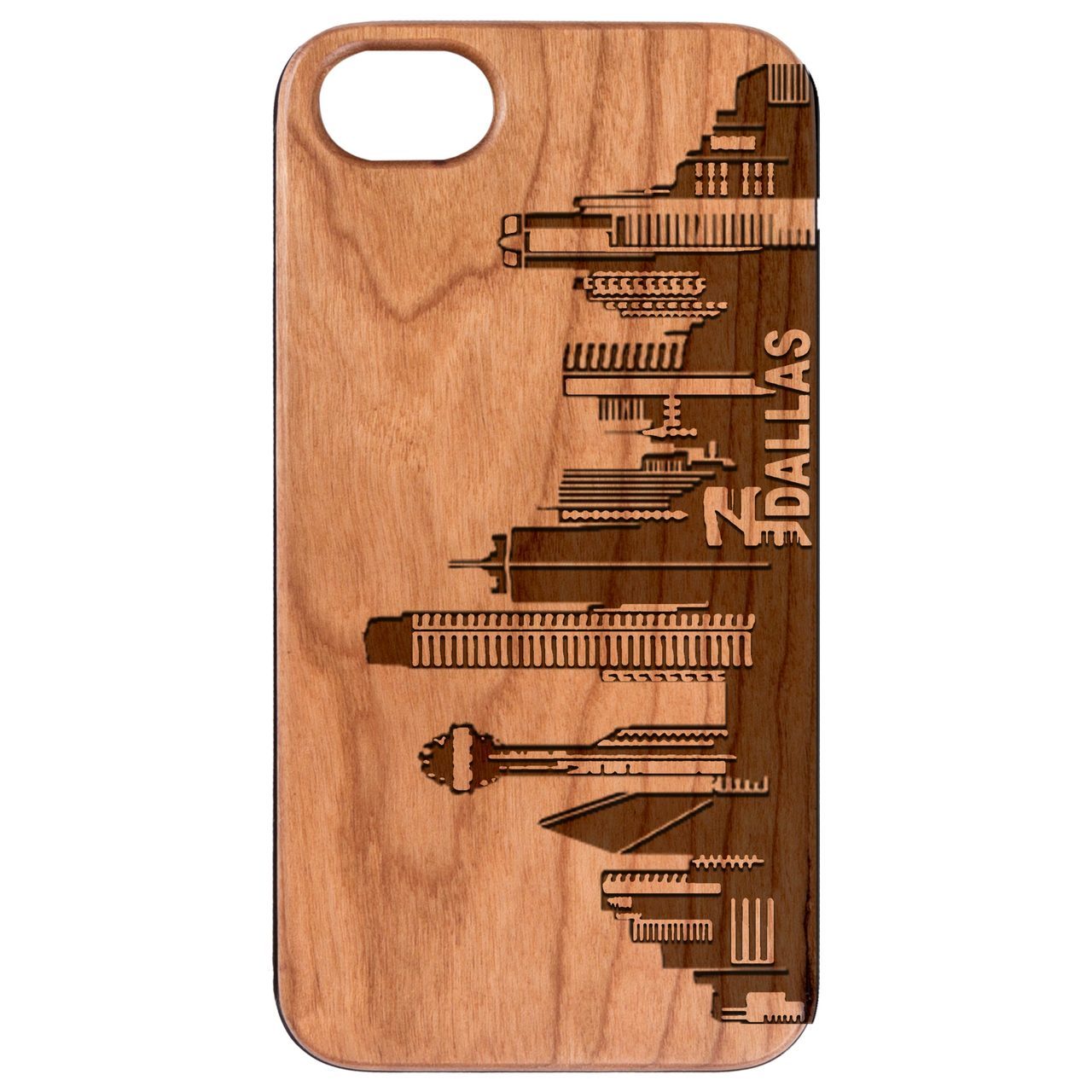 Dallas City Engraved wooden phone case showcasing unique laser-engraved design and natural wood finish.