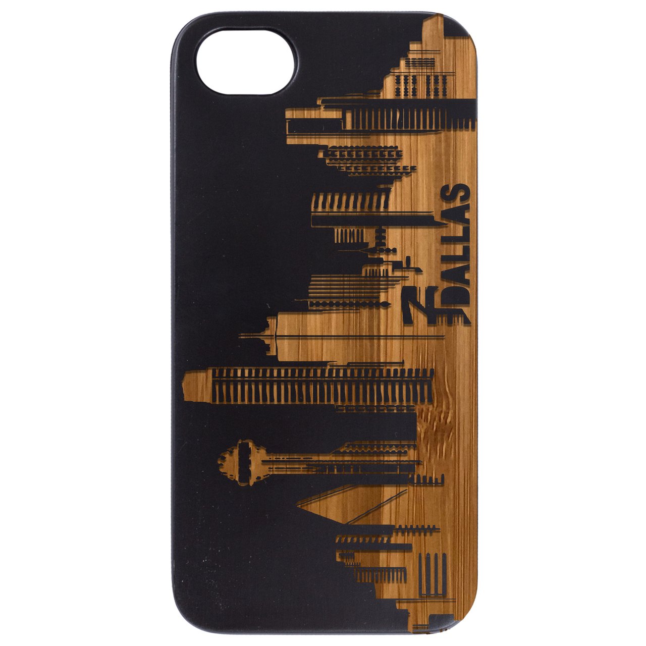 Dallas City Engraved wooden phone case showcasing unique laser-engraved design and natural wood finish.