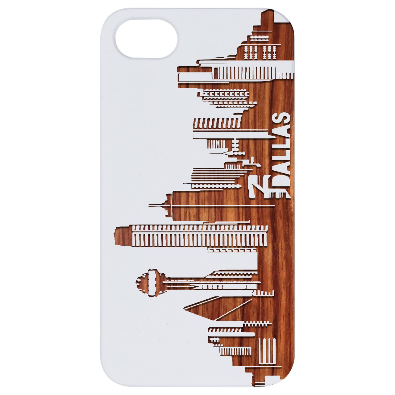 Dallas City Engraved wooden phone case showcasing unique laser-engraved design and natural wood finish.