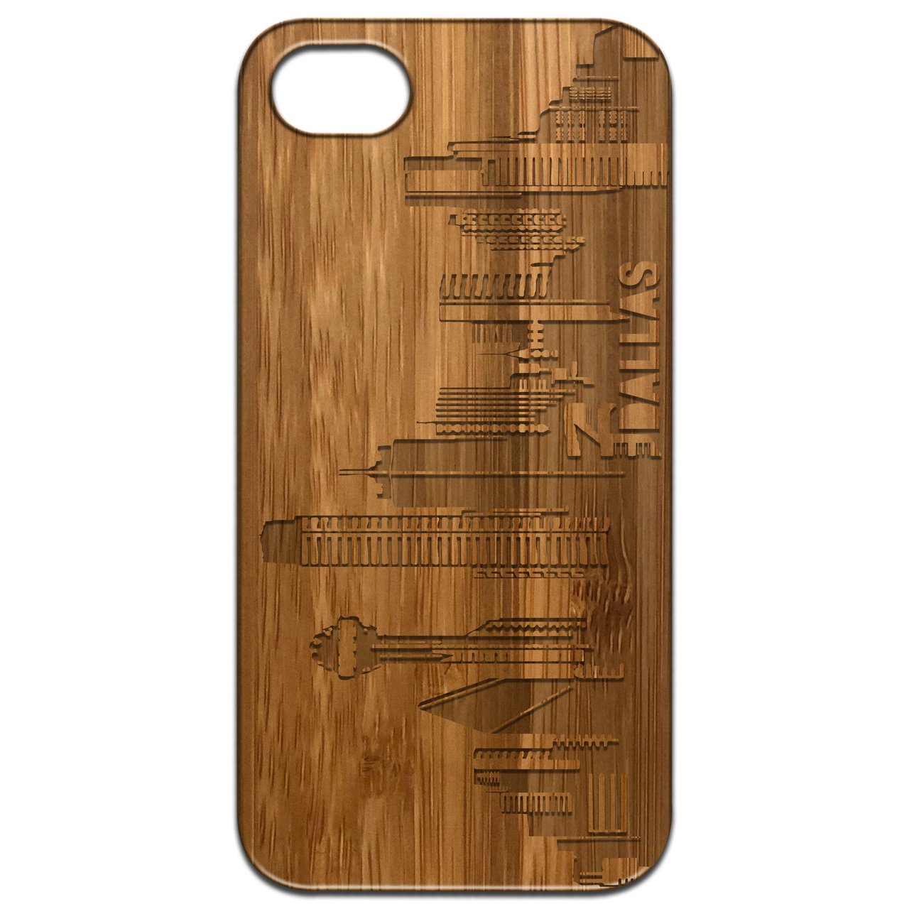 Dallas City Engraved wooden phone case showcasing unique laser-engraved design and natural wood finish.