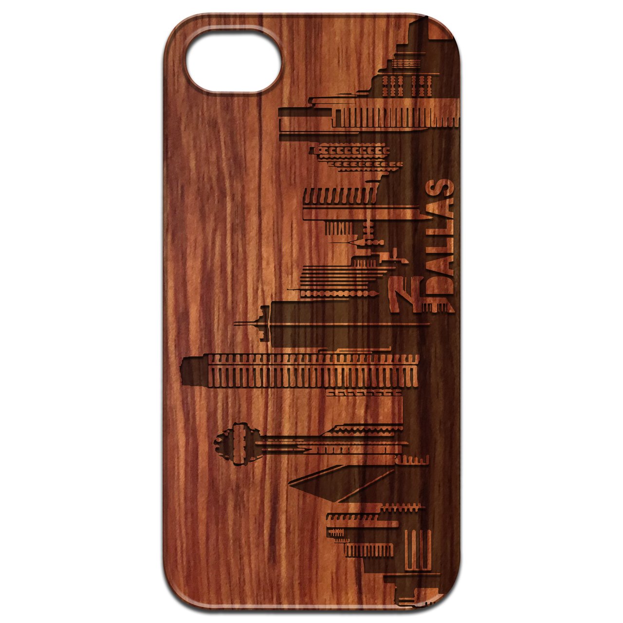 Dallas City Engraved wooden phone case showcasing unique laser-engraved design and natural wood finish.