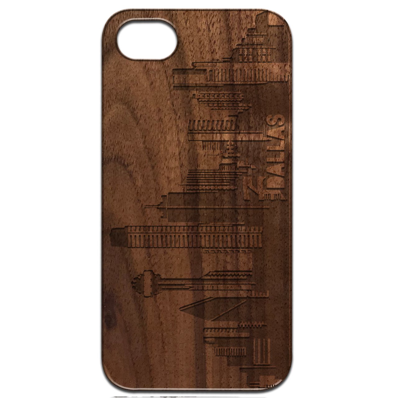 Dallas City Engraved wooden phone case showcasing unique laser-engraved design and natural wood finish.