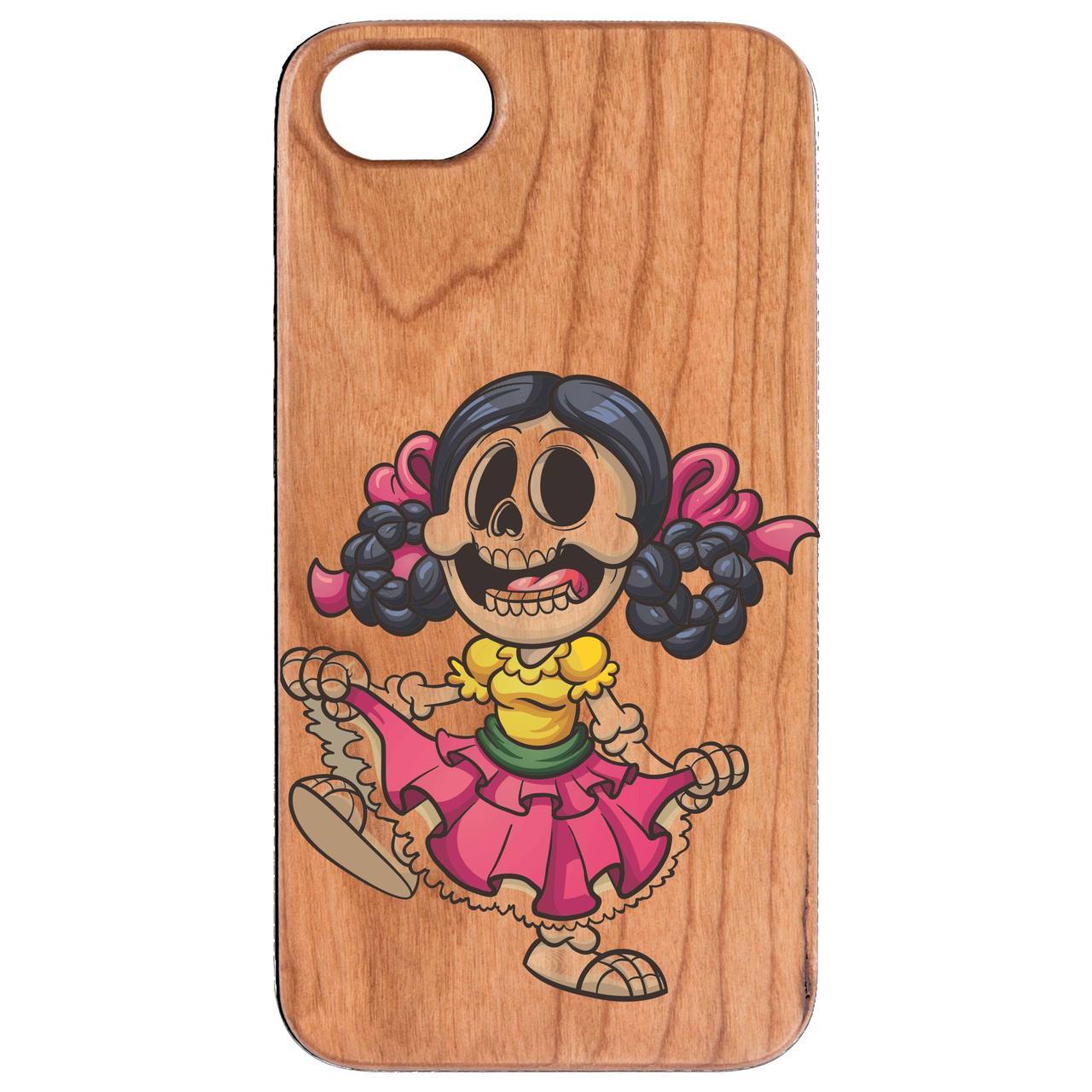 Dancing Skeleton Girl UV Color Printed phone case showcasing vibrant colors and unique design on a wooden surface.