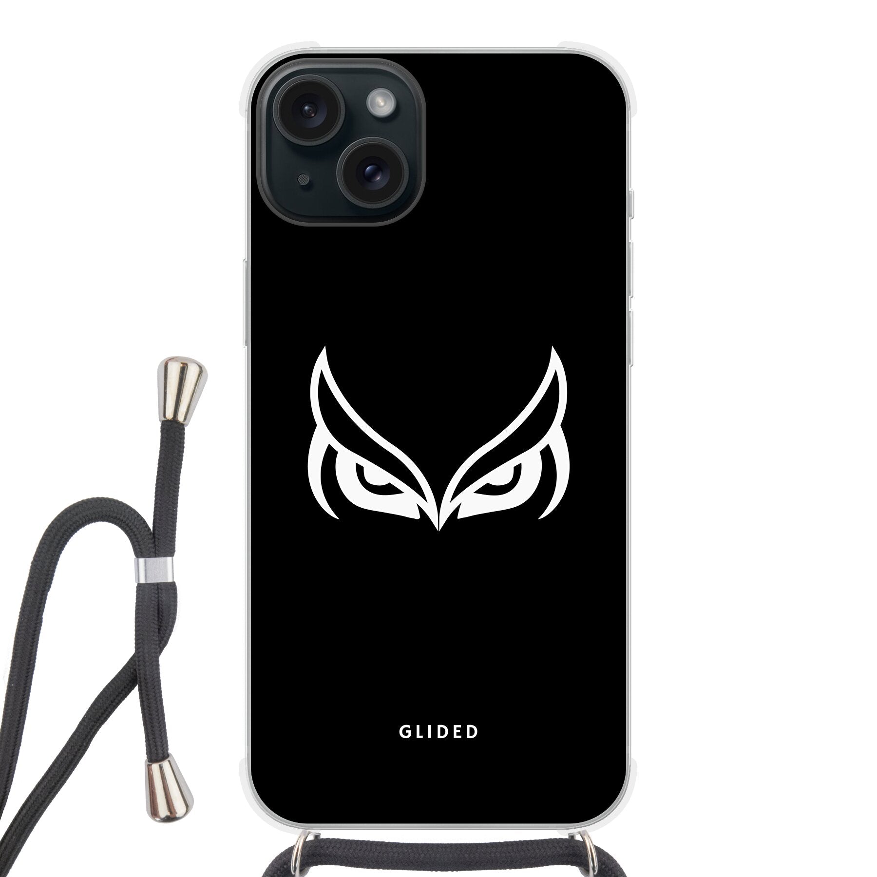 Dark Owl Handyhülle für iPhone 15 Plus mit majestätischen Eulen auf tiefdunklem Hintergrund, stilvoll und schützend.