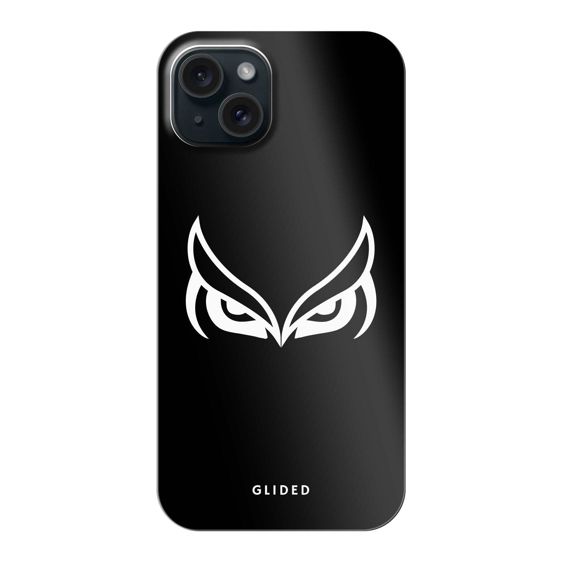 Dark Owl Handyhülle für iPhone 15 Plus mit majestätischen Eulen auf tiefdunklem Hintergrund, stilvoll und schützend.