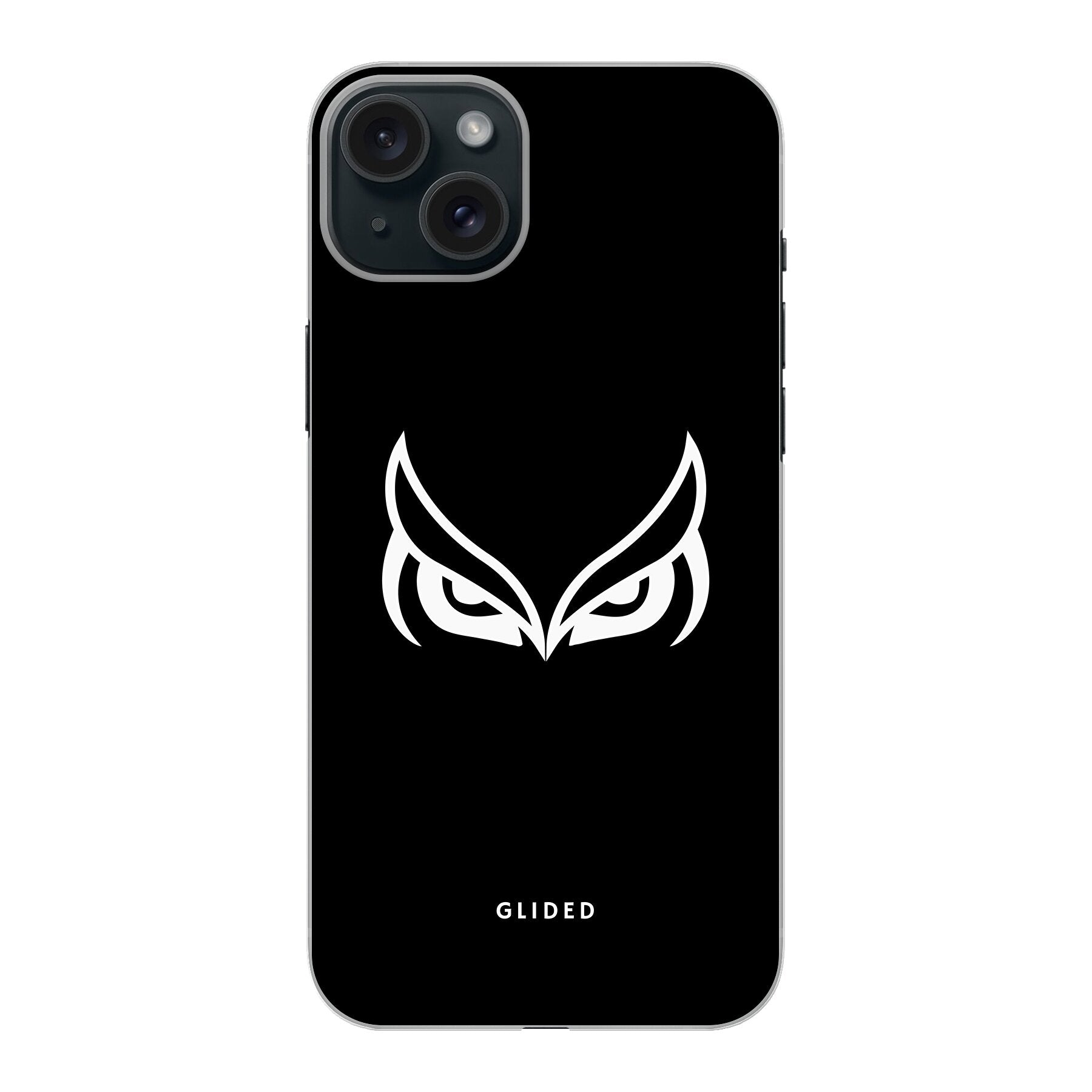 Dark Owl Handyhülle für iPhone 15 Plus mit majestätischen Eulen auf tiefdunklem Hintergrund, stilvoll und schützend.