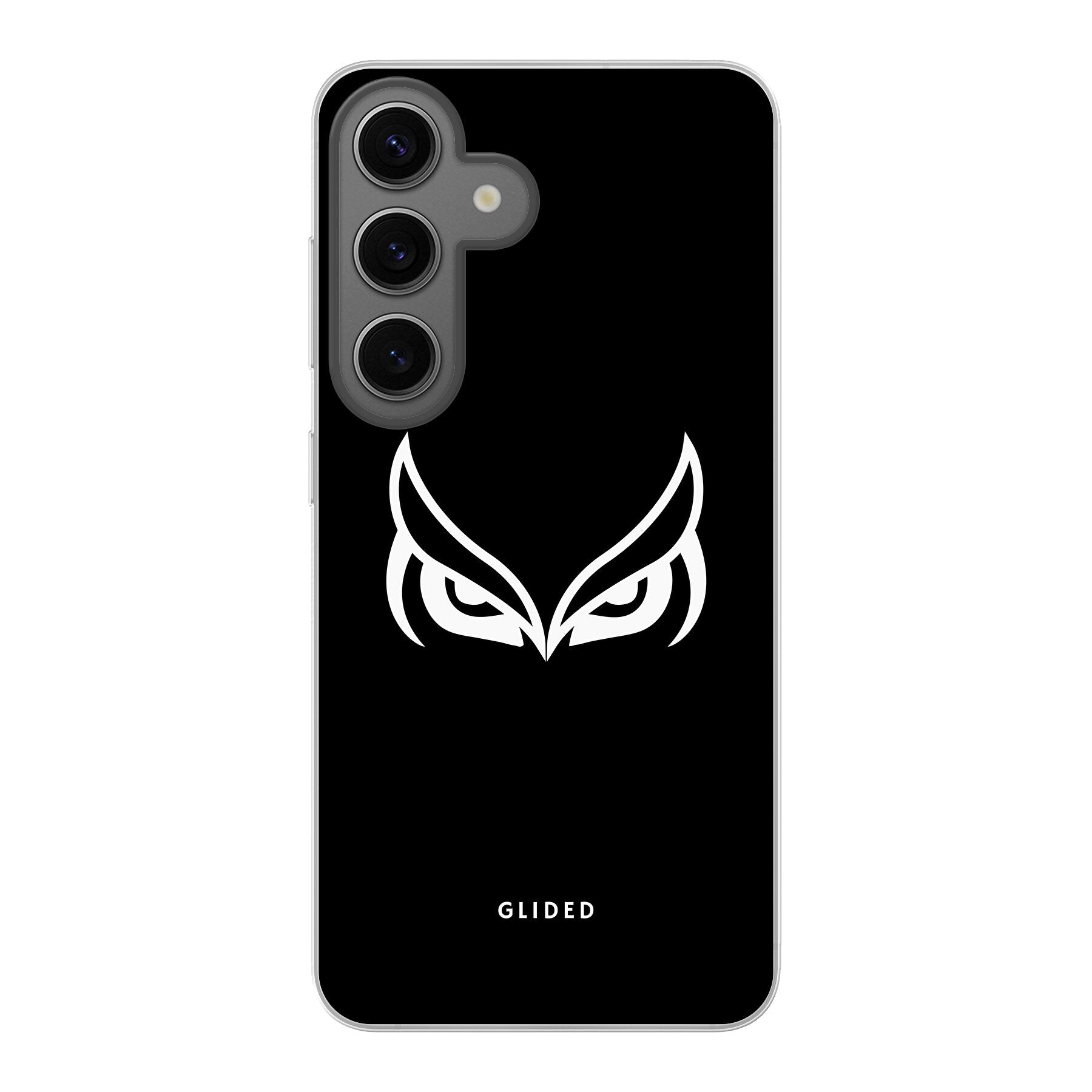 Dark Owl Handyhülle für Samsung Galaxy S24 mit majestätischen Eulen auf dunklem Hintergrund, stilvoll und schützend.