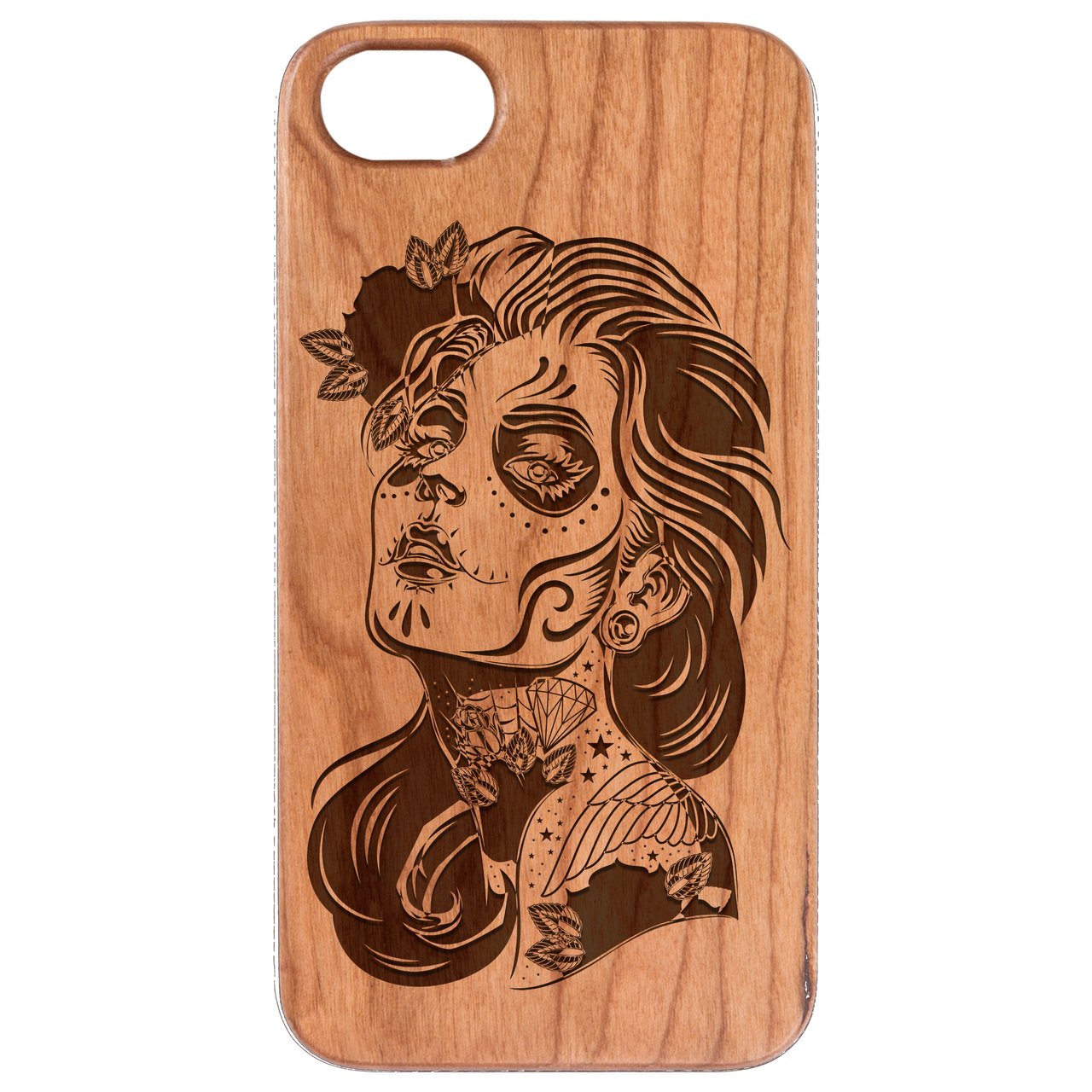 Day of Dead Girl Engraved wooden phone case featuring intricate design and durable construction for iPhone and Samsung models.