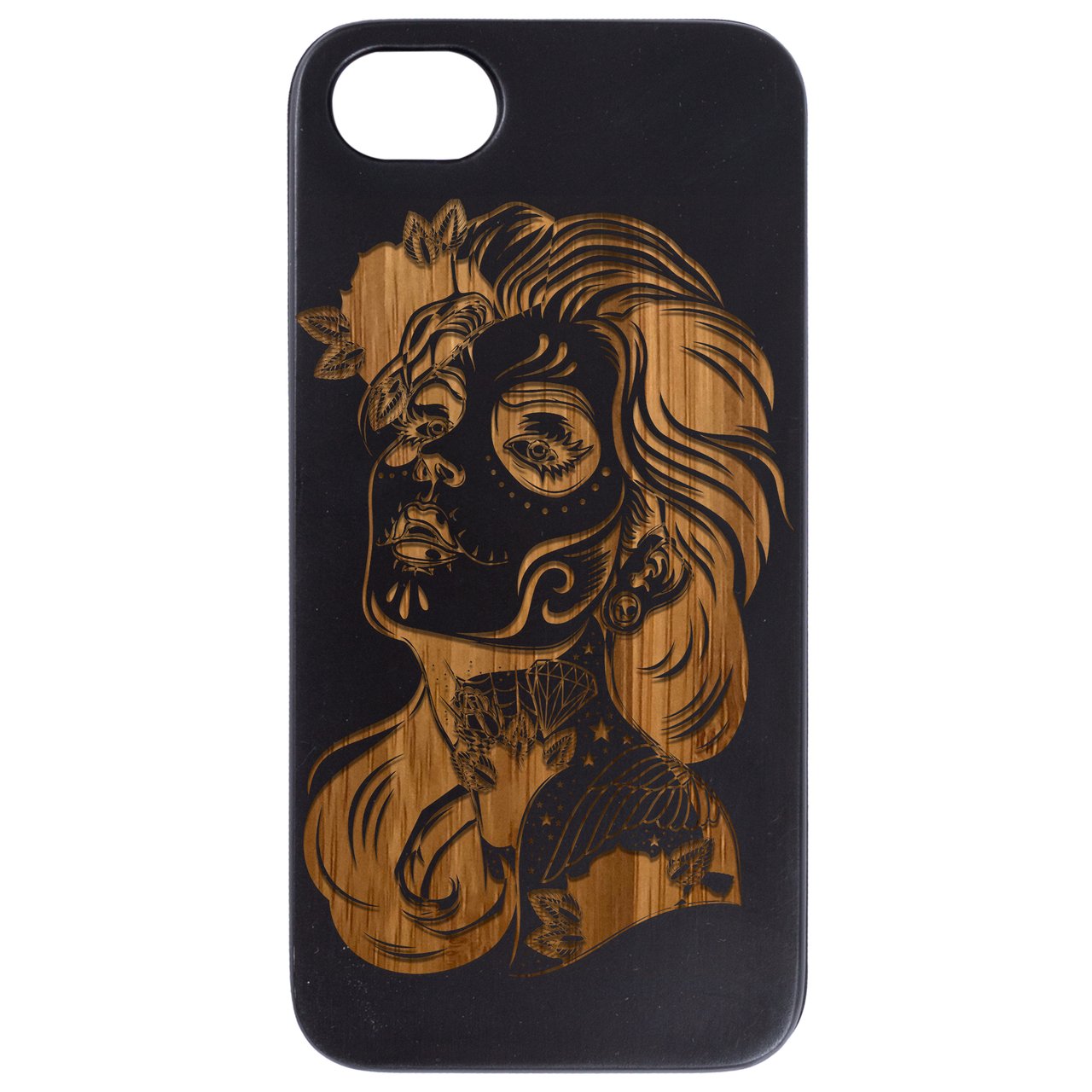 Day of Dead Girl Engraved wooden phone case featuring intricate design and durable construction for iPhone and Samsung models.