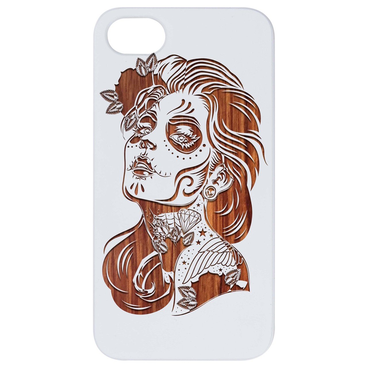 Day of Dead Girl Engraved wooden phone case featuring intricate design and durable construction for iPhone and Samsung models.