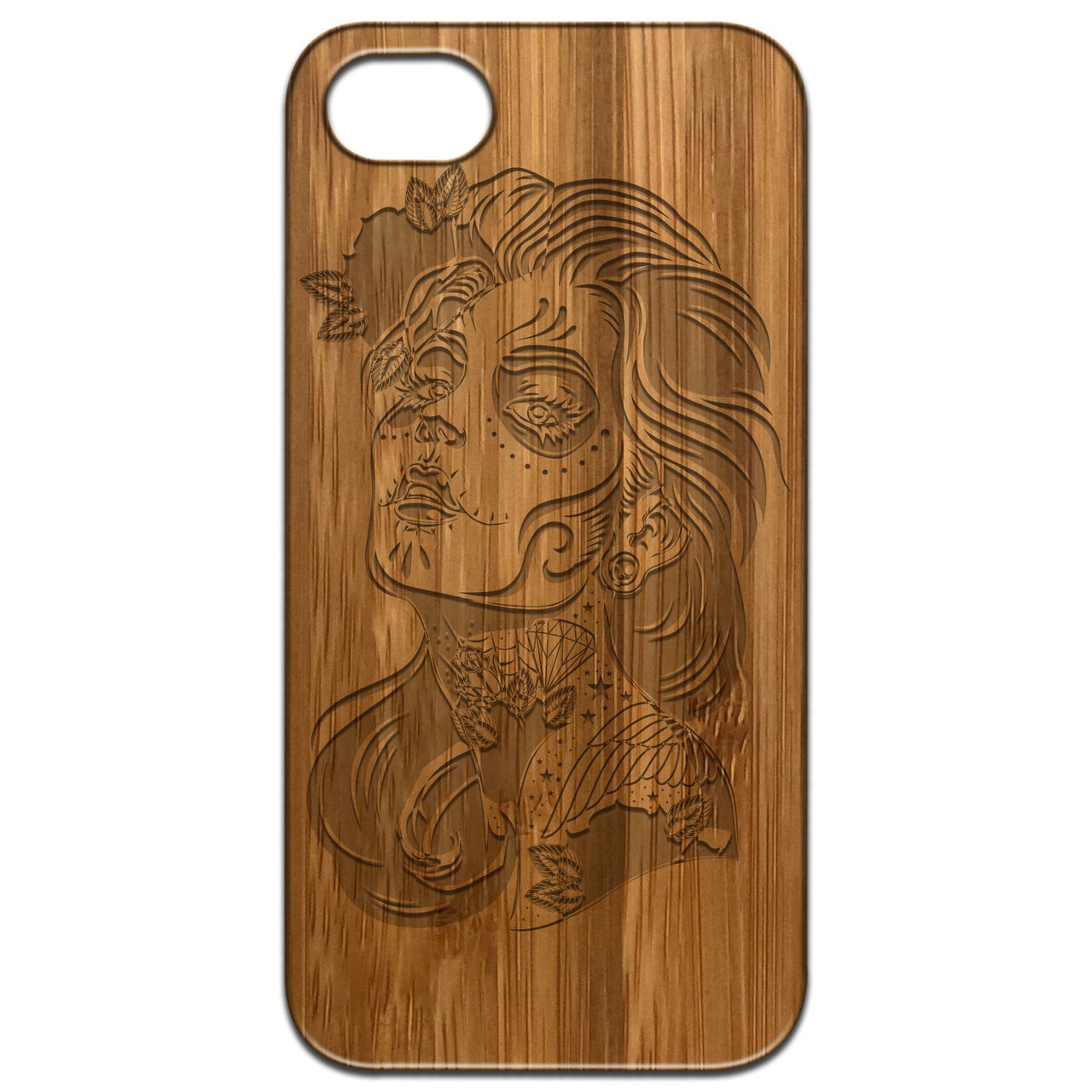 Day of Dead Girl Engraved wooden phone case featuring intricate design and durable construction for iPhone and Samsung models.