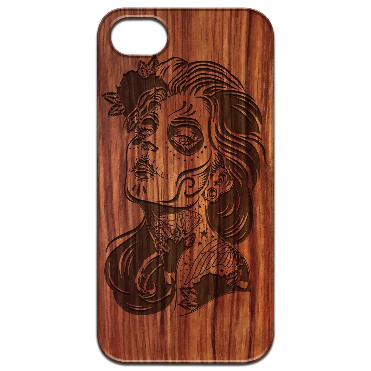 Day of Dead Girl Engraved wooden phone case featuring intricate design and durable construction for iPhone and Samsung models.