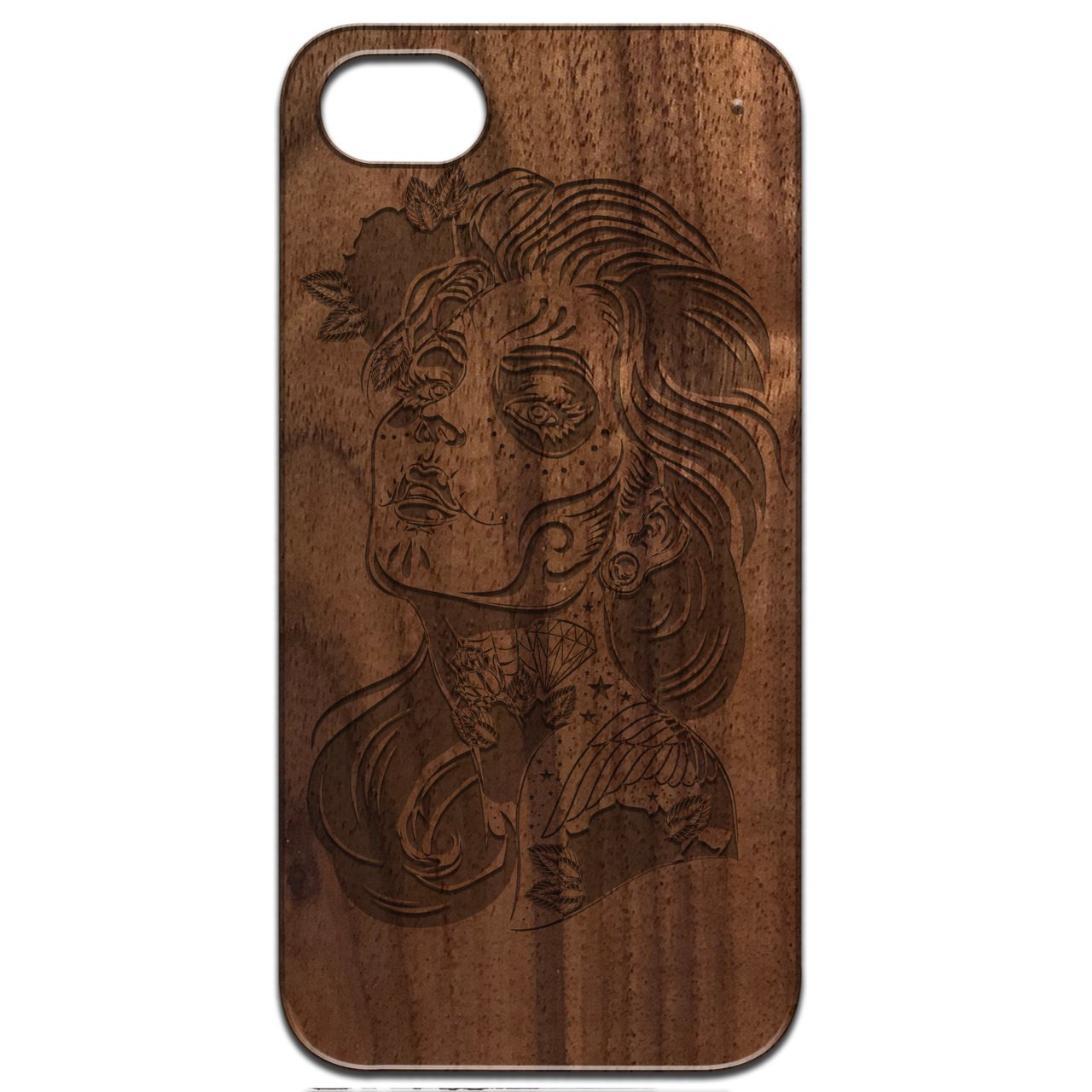 Day of Dead Girl Engraved wooden phone case featuring intricate design and durable construction for iPhone and Samsung models.