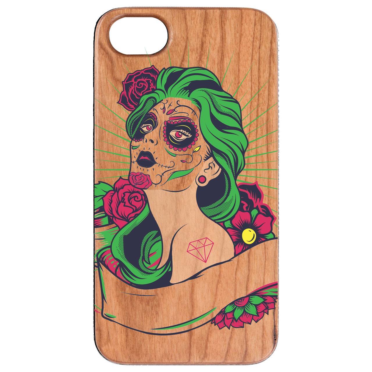 Day of Dead Girl UV Color Printed phone case featuring vibrant colors and intricate design on a natural wood surface.