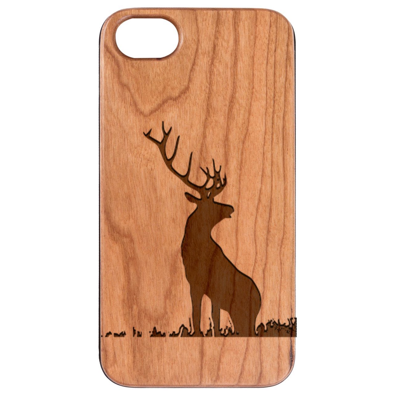 Deer 1 Engraved wooden phone case showcasing natural wood finish and unique laser-engraved design, suitable for iPhone and Samsung models.