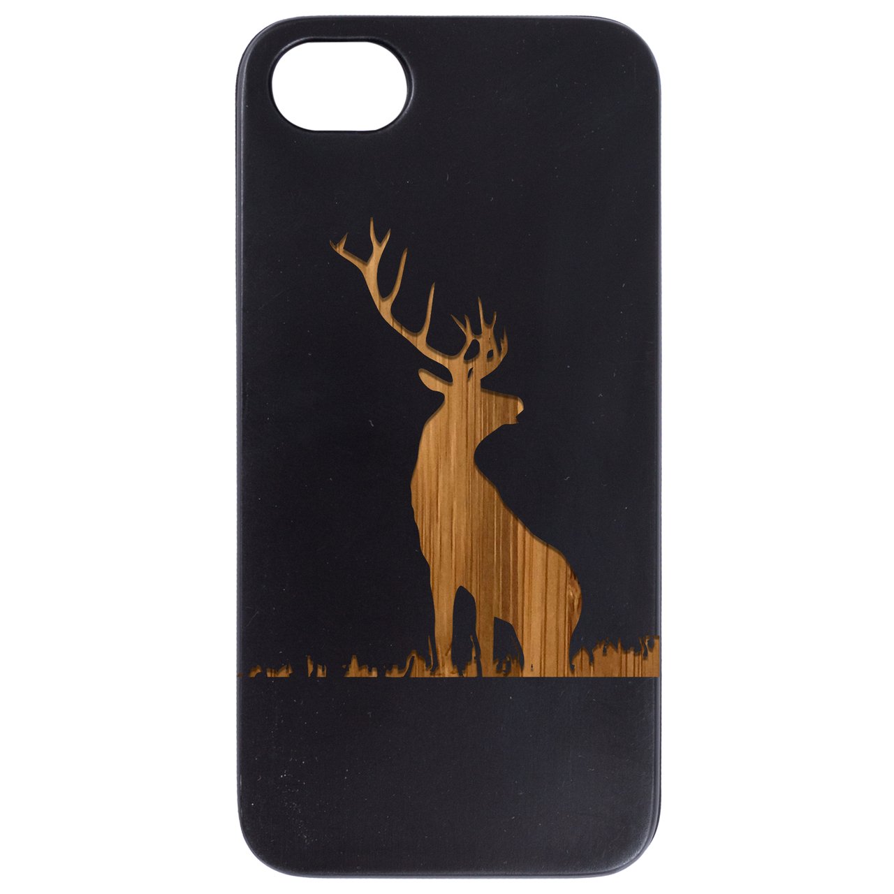 Deer 1 Engraved wooden phone case showcasing natural wood finish and unique laser-engraved design, suitable for iPhone and Samsung models.