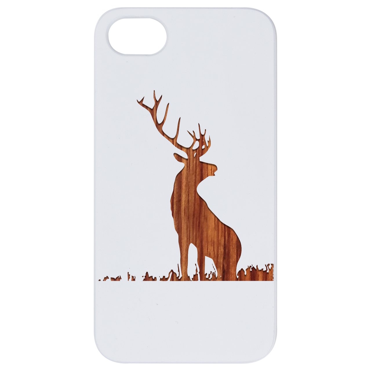 Deer 1 Engraved wooden phone case showcasing natural wood finish and unique laser-engraved design, suitable for iPhone and Samsung models.