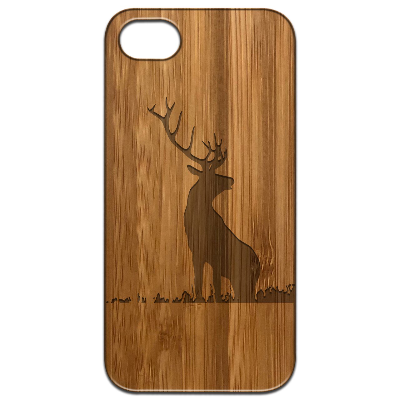 Deer 1 Engraved wooden phone case showcasing natural wood finish and unique laser-engraved design, suitable for iPhone and Samsung models.