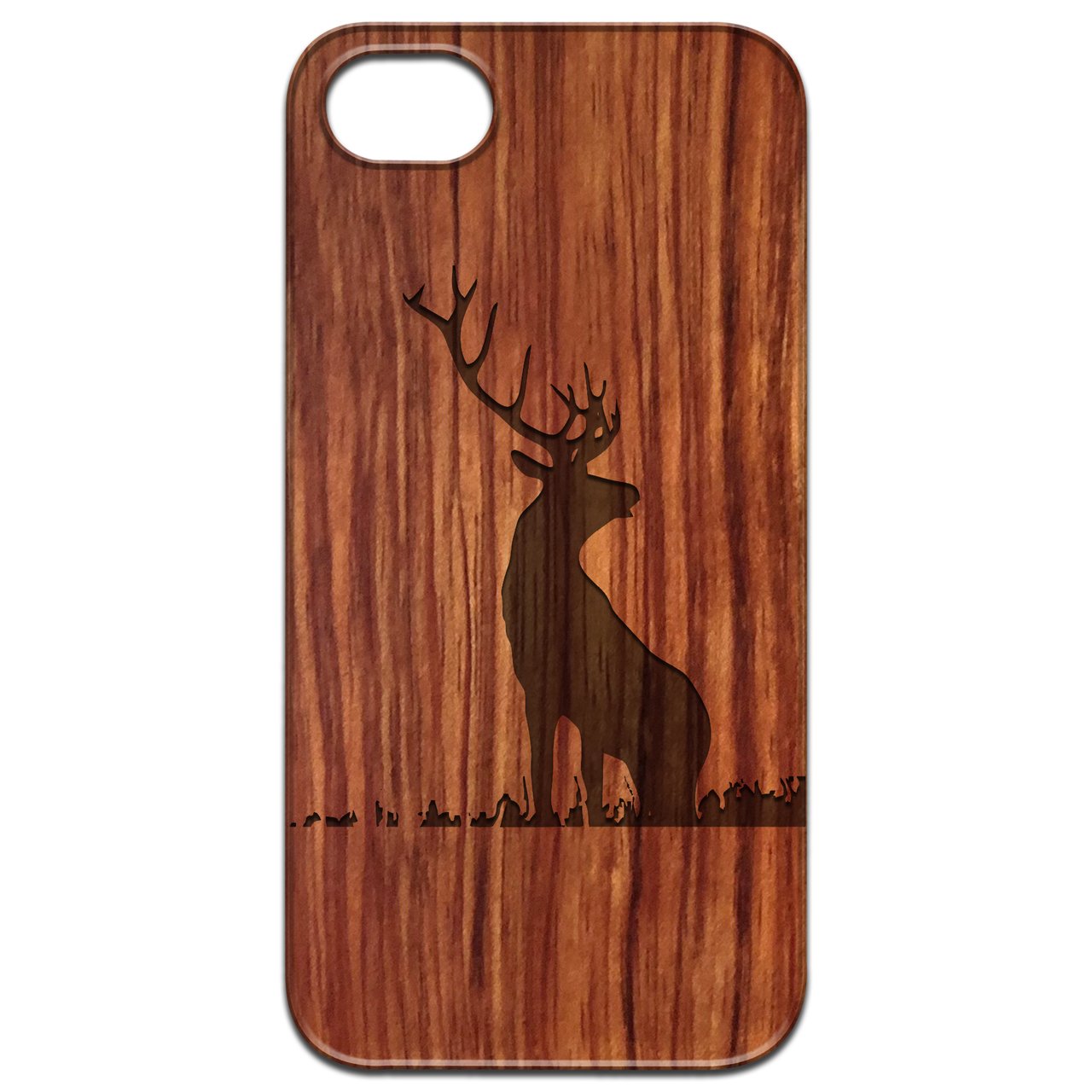 Deer 1 Engraved wooden phone case showcasing natural wood finish and unique laser-engraved design, suitable for iPhone and Samsung models.