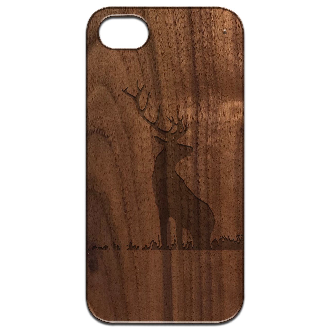 Deer 1 Engraved wooden phone case showcasing natural wood finish and unique laser-engraved design, suitable for iPhone and Samsung models.