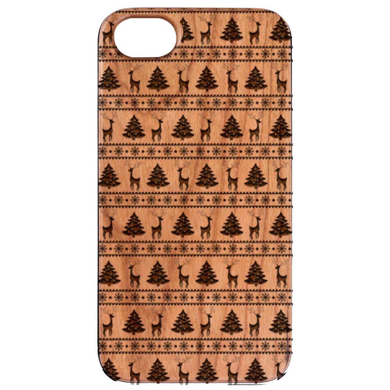 Engraved wooden phone case featuring a deer pattern, showcasing natural wood texture and stylish design.