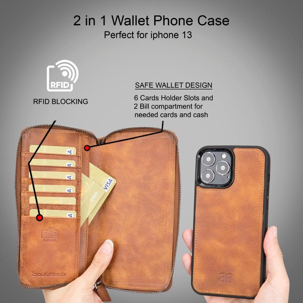 Detachable Leather Zipper Wallet Case for Apple iPhone 13 Series, showcasing premium leather and a sleek design.