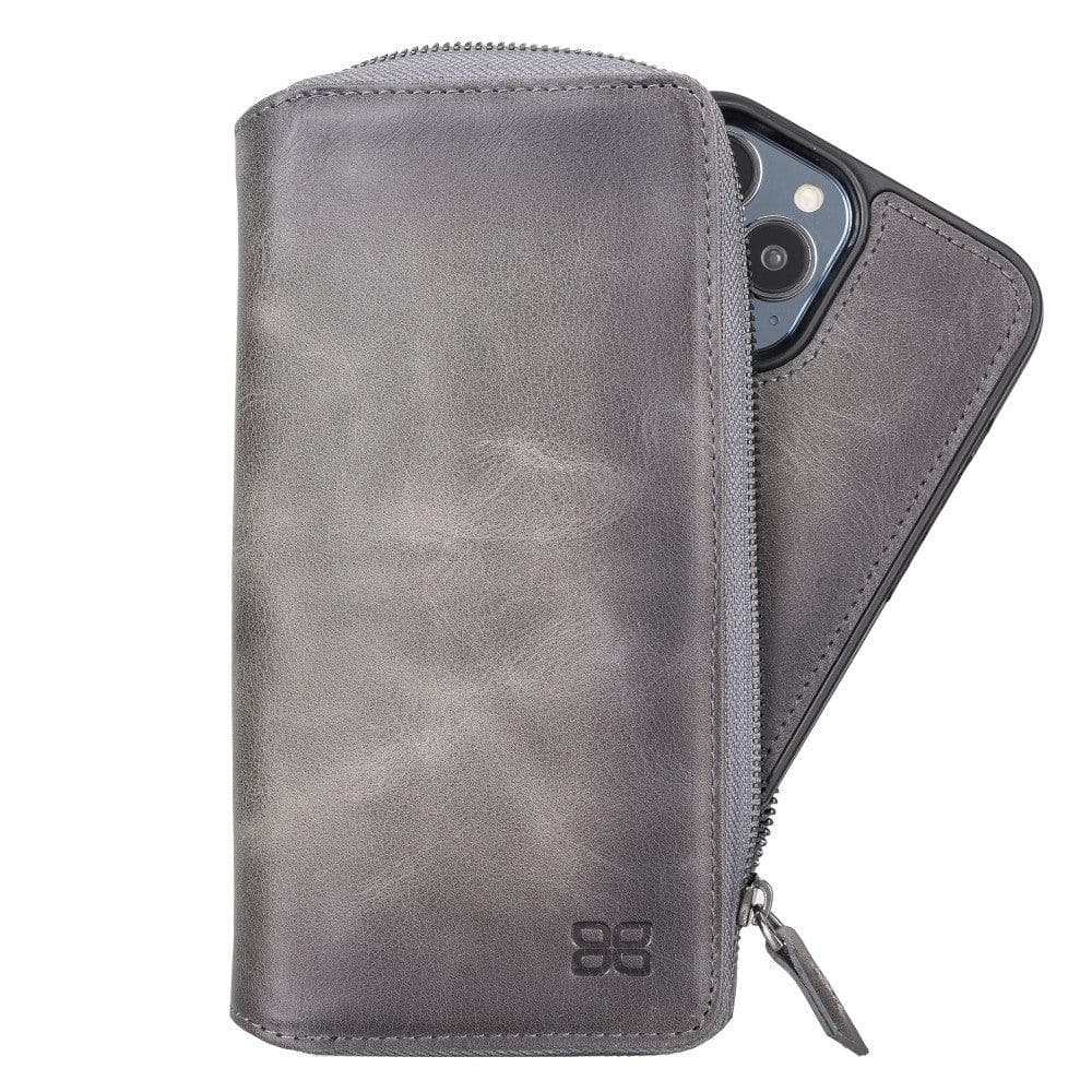 Detachable Leather Zipper Wallet Case for Apple iPhone 13 Series, showcasing premium leather and a sleek design.