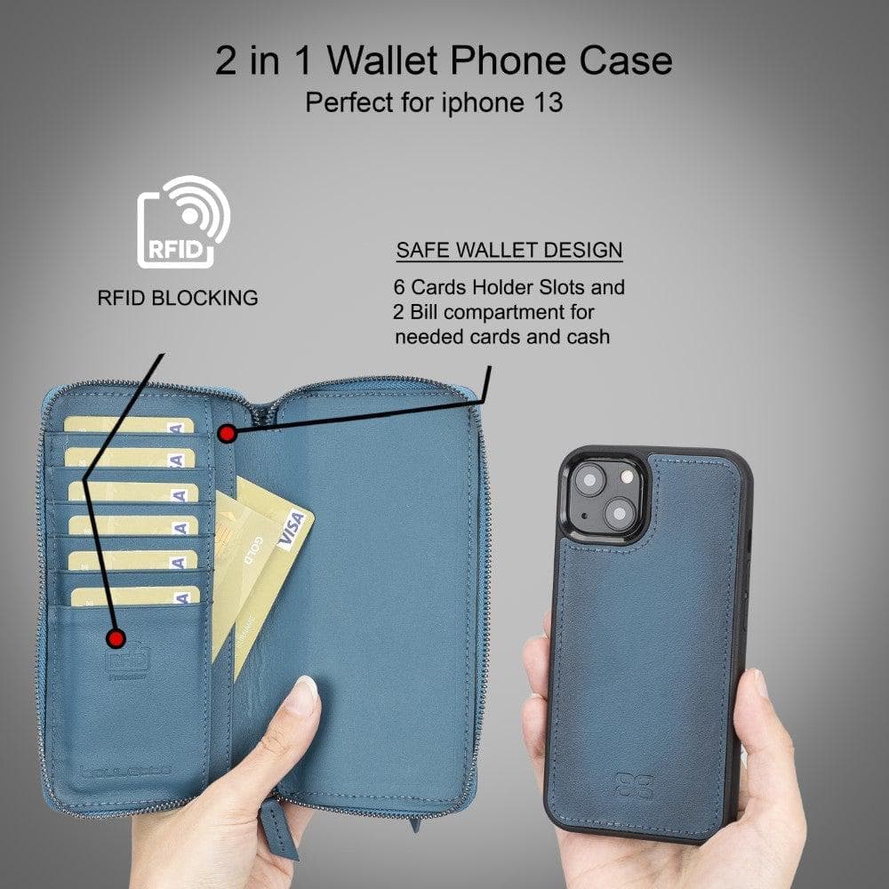 Detachable Leather Zipper Wallet Case for Apple iPhone 13 Series, showcasing premium leather and a sleek design.