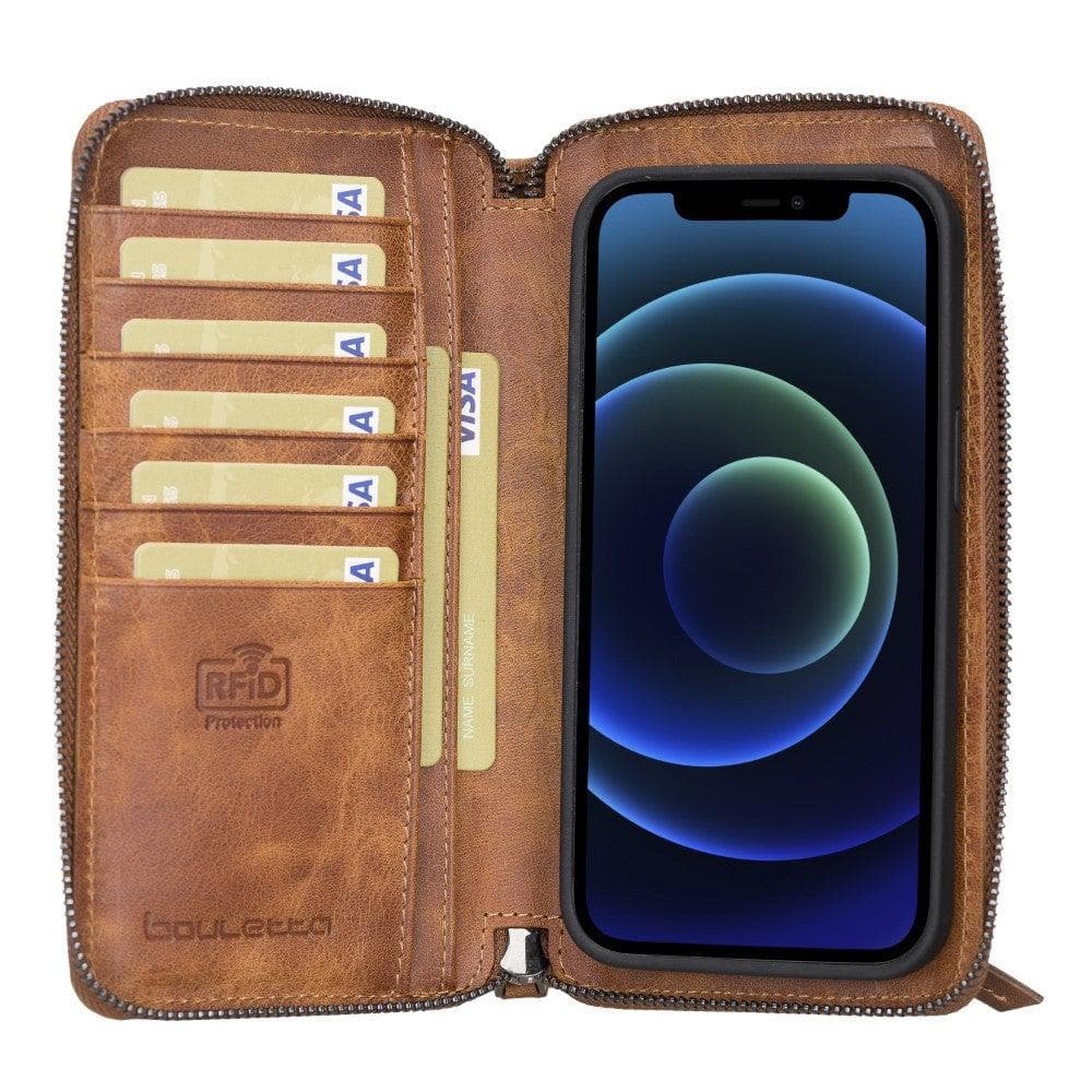 Detachable Leather Zipper Wallet Case for Apple iPhone 13 Series, showcasing premium leather and a sleek design.