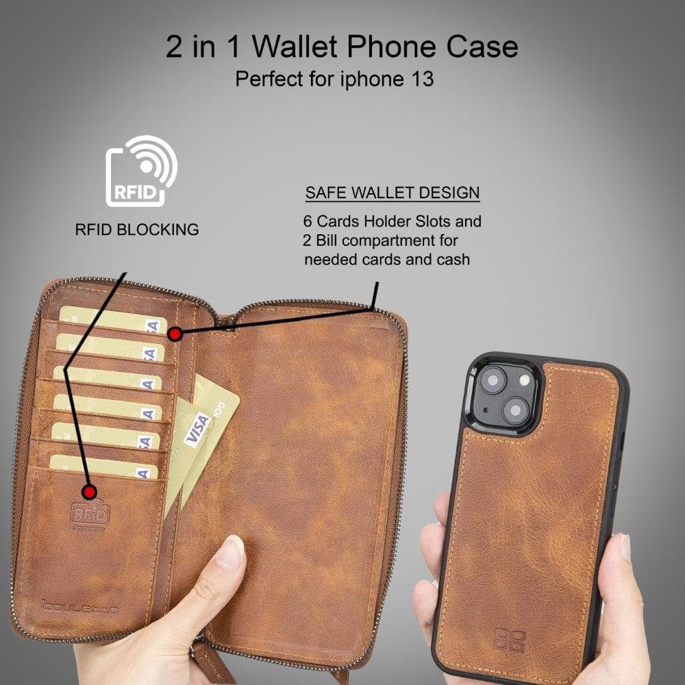 Detachable Leather Zipper Wallet Case for Apple iPhone 13 Series, showcasing premium leather and a sleek design.