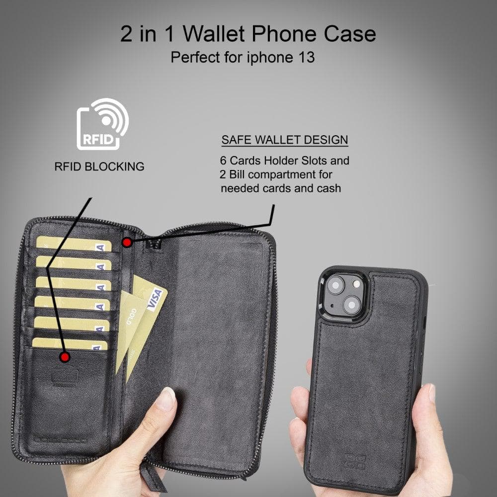 Detachable Leather Zipper Wallet Case for Apple iPhone 13 Series, showcasing premium leather and a sleek design.