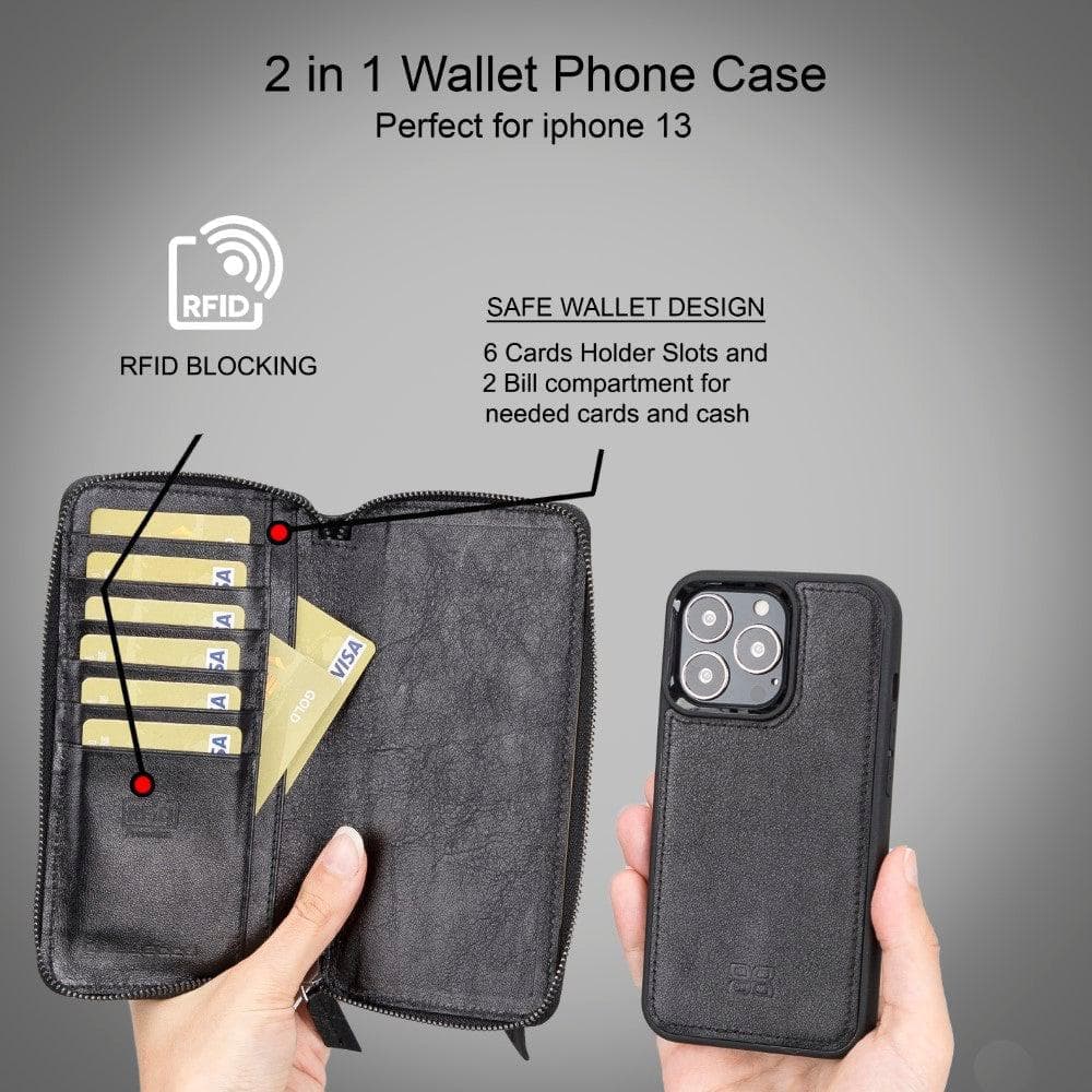 Detachable Leather Zipper Wallet Case for Apple iPhone 13 Series, showcasing premium leather and a sleek design.