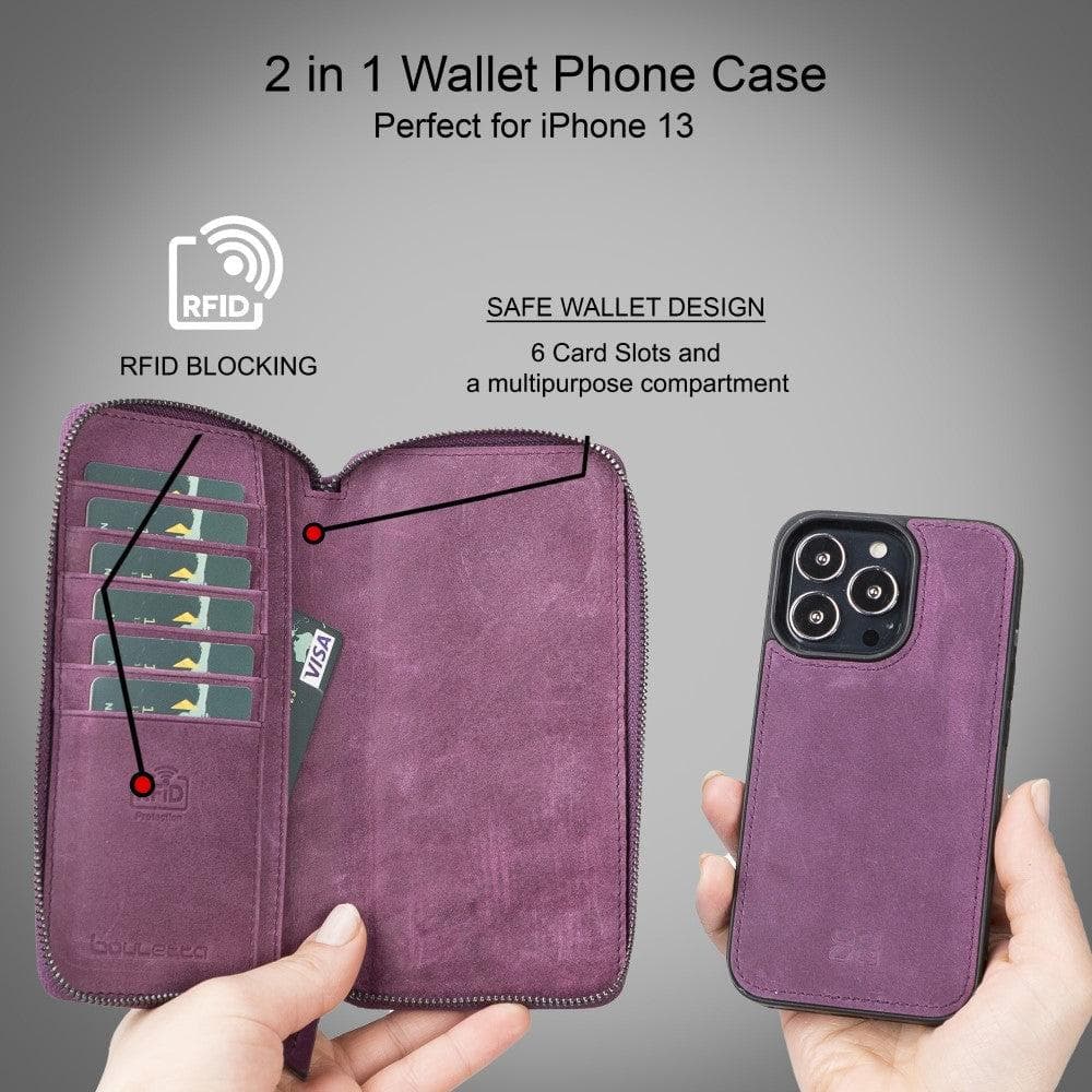 Detachable Leather Zipper Wallet Case for Apple iPhone 13 Series, showcasing premium leather and a sleek design.