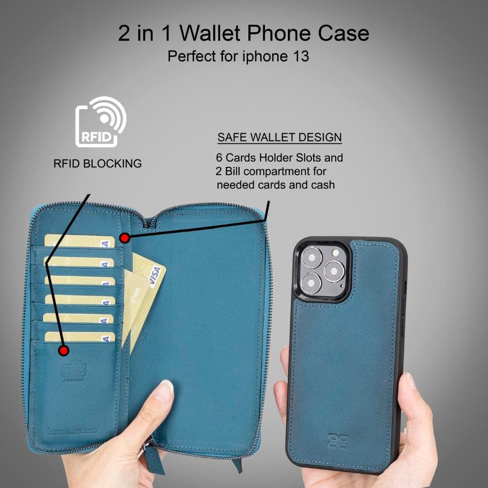 Detachable Leather Zipper Wallet Case for Apple iPhone 13 Series, showcasing premium leather and a sleek design.