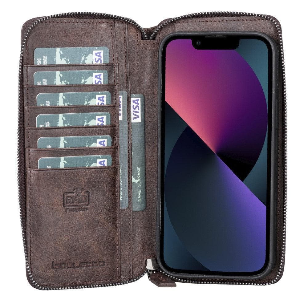 Detachable Leather Zipper Wallet Case for Apple iPhone 13 Series, showcasing premium leather and a sleek design.