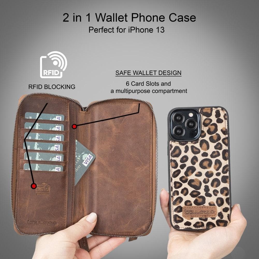 Detachable Leather Zipper Wallet Case for Apple iPhone 13 Series, showcasing premium leather and a sleek design.