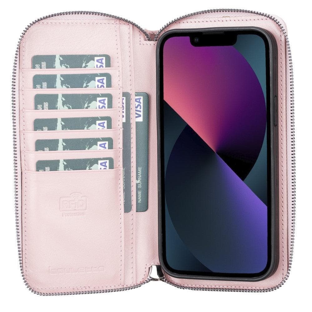 Detachable Leather Zipper Wallet Case for Apple iPhone 13 Series, showcasing premium leather and a sleek design.