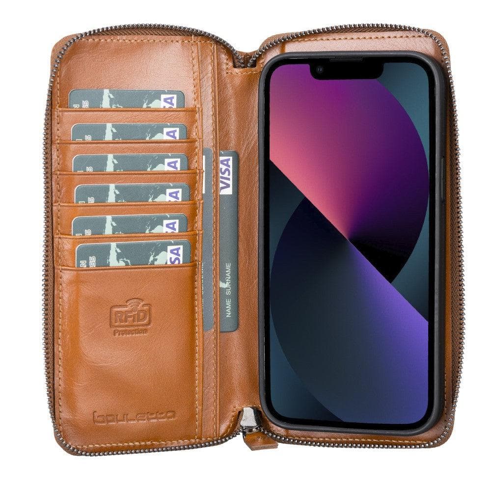 Detachable Leather Zipper Wallet Case for Apple iPhone 13 Series, showcasing premium leather and a sleek design.