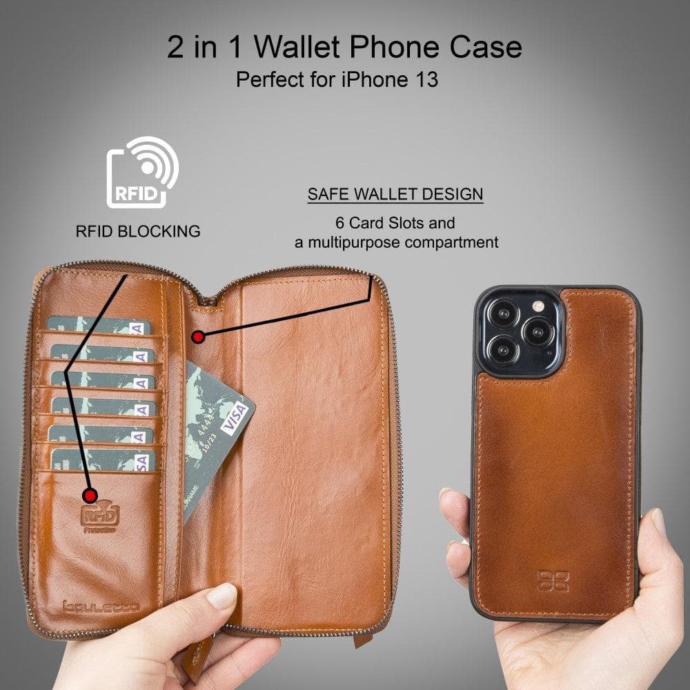 Detachable Leather Zipper Wallet Case for Apple iPhone 13 Series, showcasing premium leather and a sleek design.