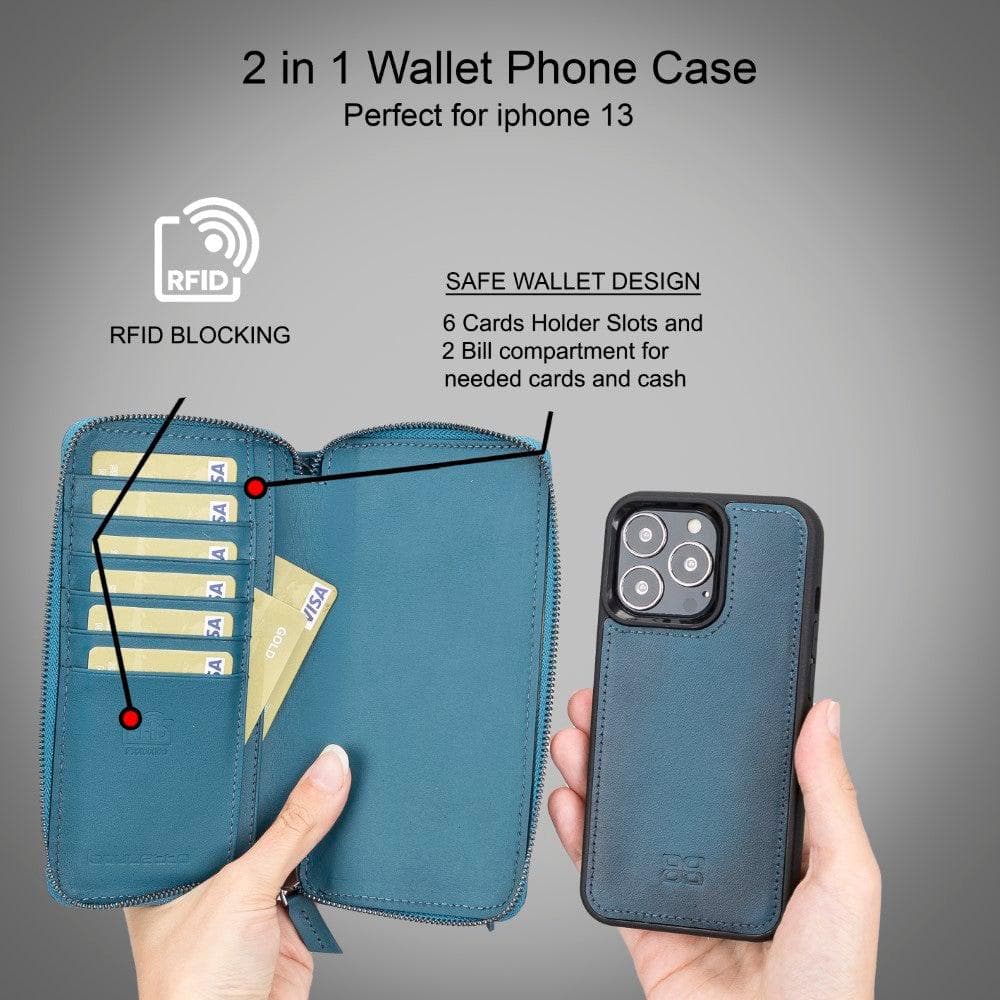 Detachable Leather Zipper Wallet Case for Apple iPhone 13 Series, showcasing premium leather and a sleek design.