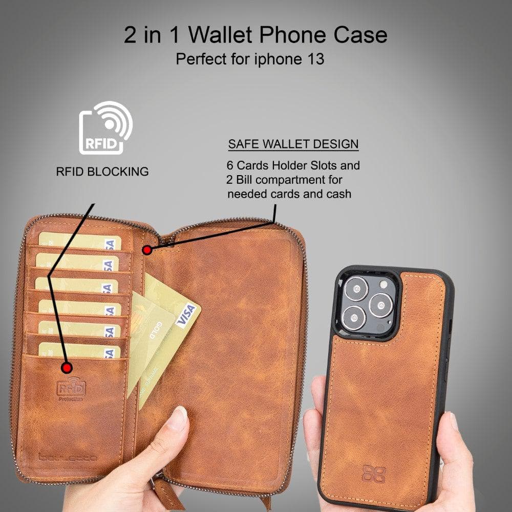 Detachable Leather Zipper Wallet Case for Apple iPhone 13 Series, showcasing premium leather and a sleek design.