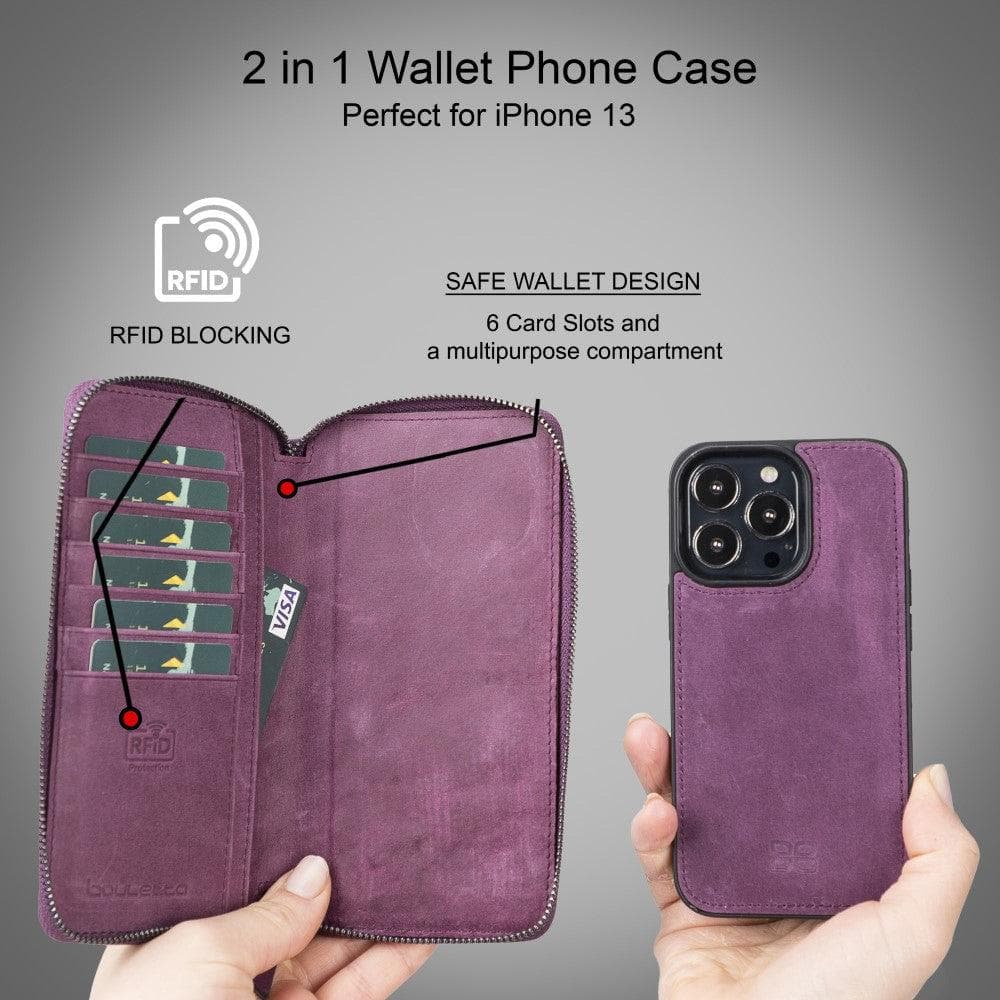 Detachable Leather Zipper Wallet Case for Apple iPhone 13 Series, showcasing premium leather and a sleek design.