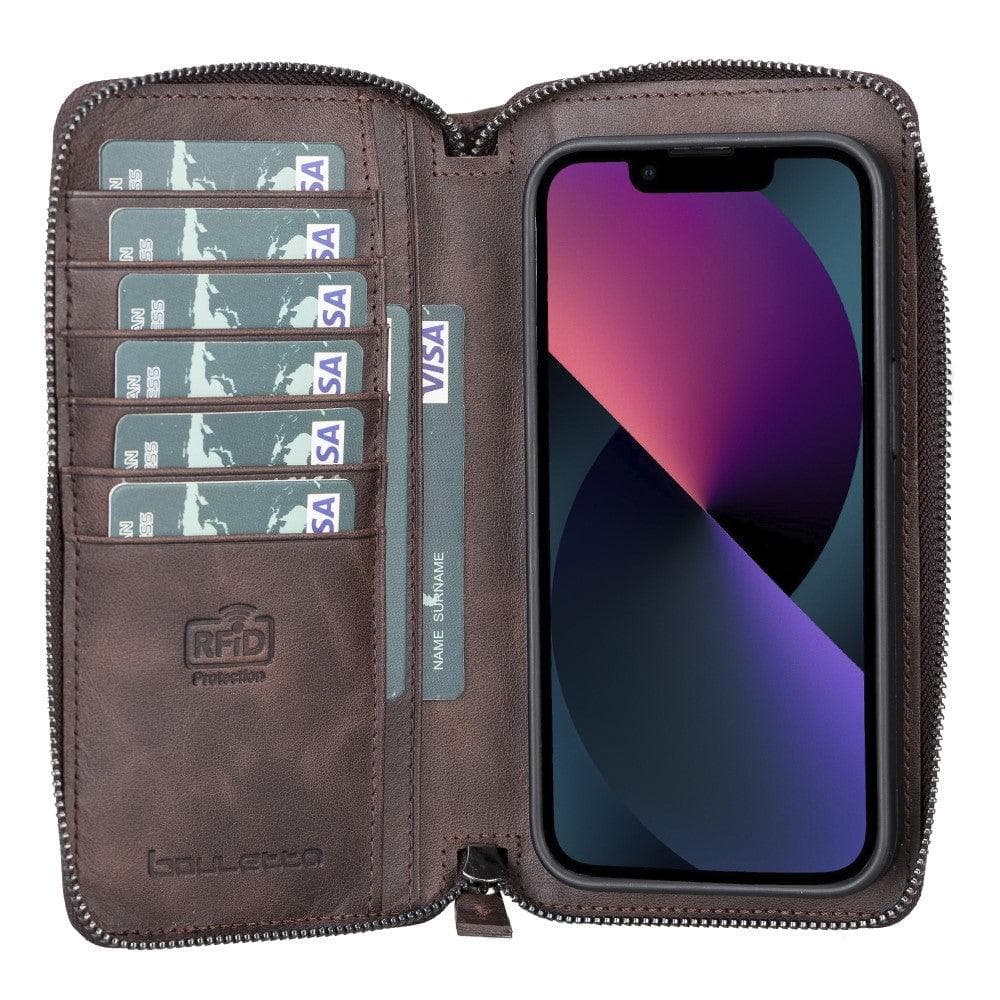 Detachable Leather Zipper Wallet Case for Apple iPhone 13 Series, showcasing premium leather and a sleek design.