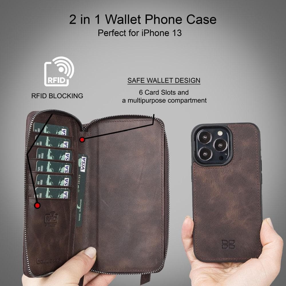 Detachable Leather Zipper Wallet Case for Apple iPhone 13 Series, showcasing premium leather and a sleek design.