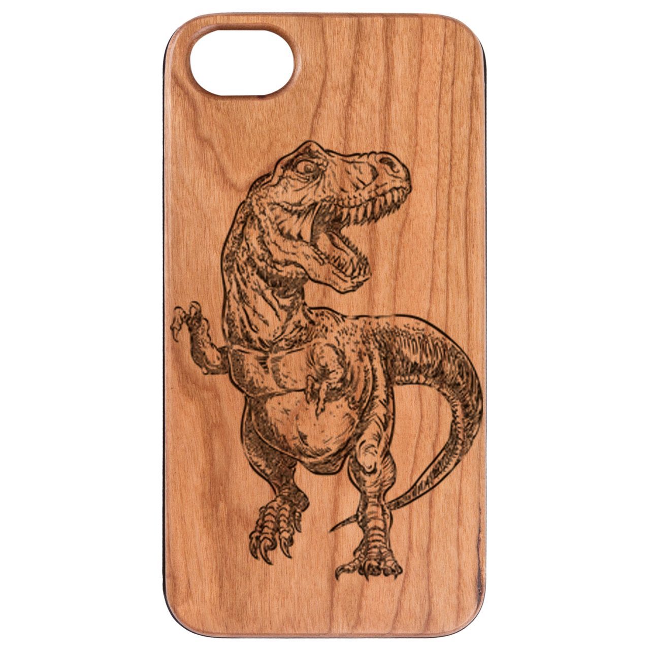 Dinosaur Engraved wooden phone case showcasing intricate laser engraving on a natural wood surface with a rubber bumper.