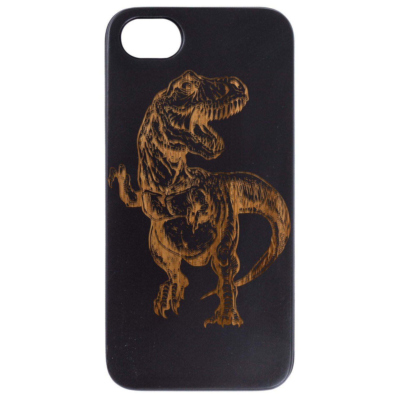 Dinosaur Engraved wooden phone case showcasing intricate laser engraving on a natural wood surface with a rubber bumper.