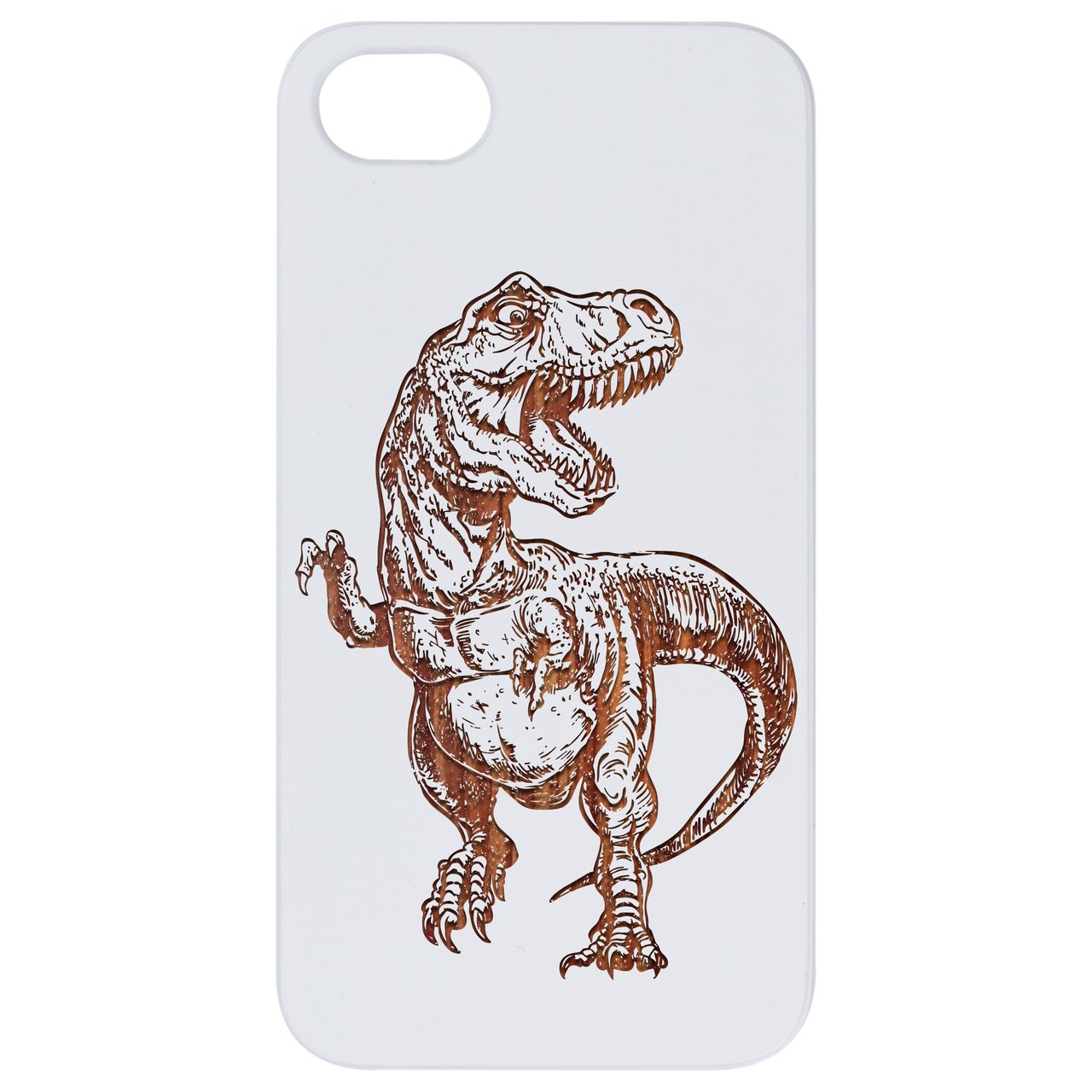 Dinosaur Engraved wooden phone case showcasing intricate laser engraving on a natural wood surface with a rubber bumper.