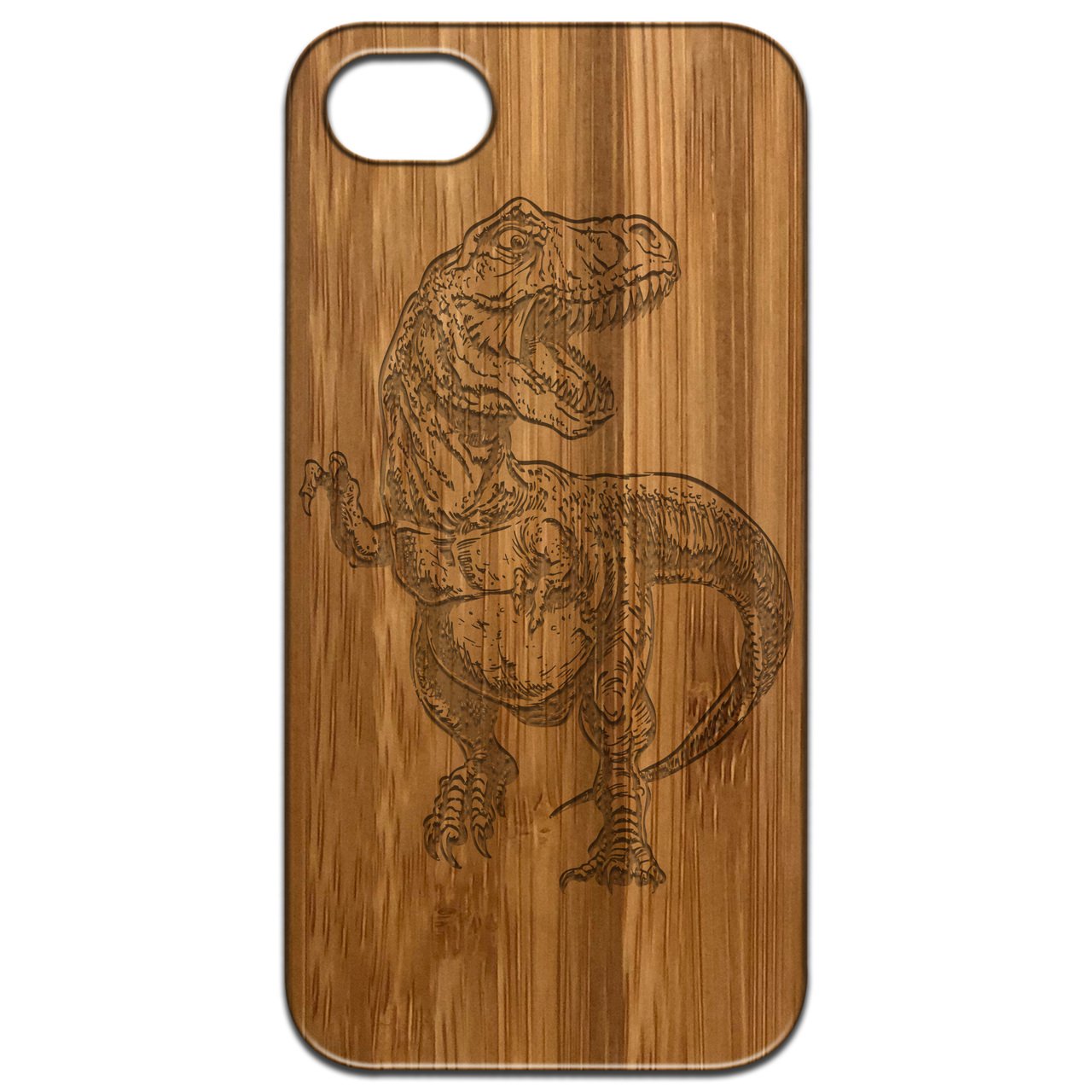 Dinosaur Engraved wooden phone case showcasing intricate laser engraving on a natural wood surface with a rubber bumper.